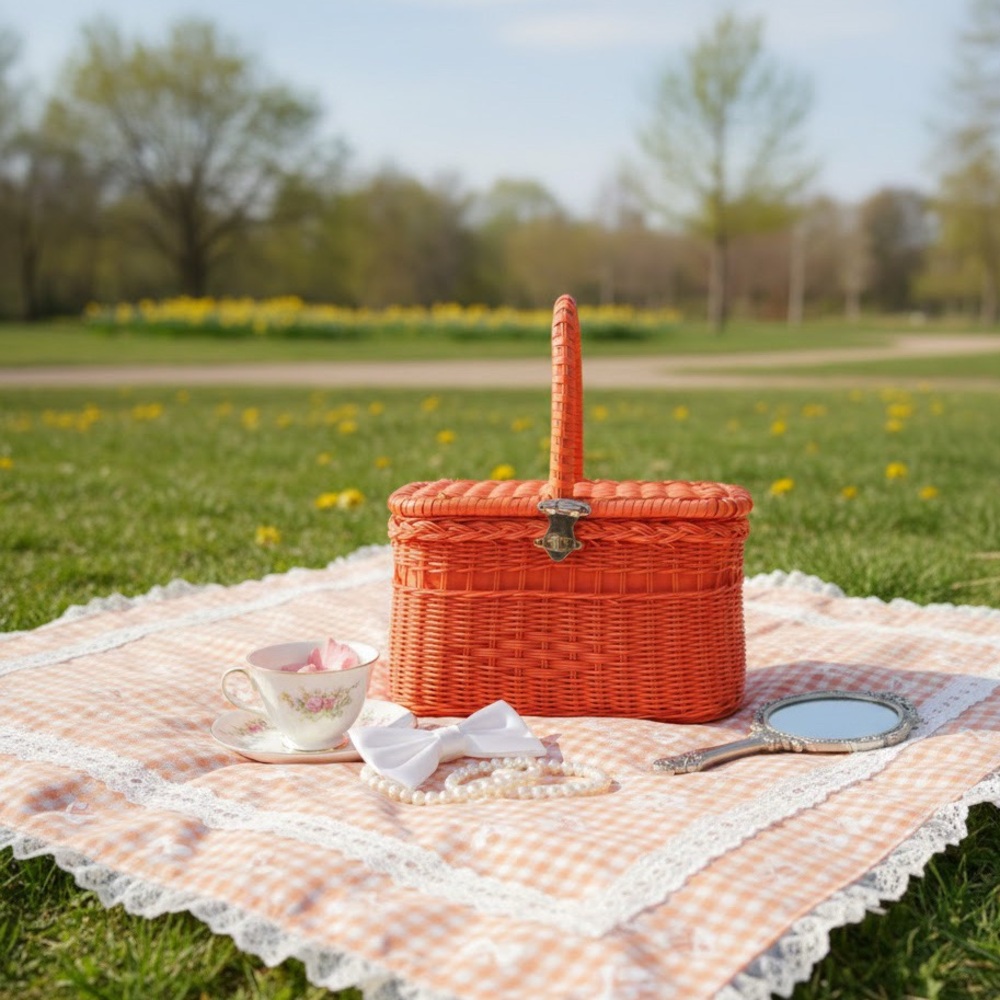 Vintage 1970s Purse Orange Wicker Picnic Basket Style RARE